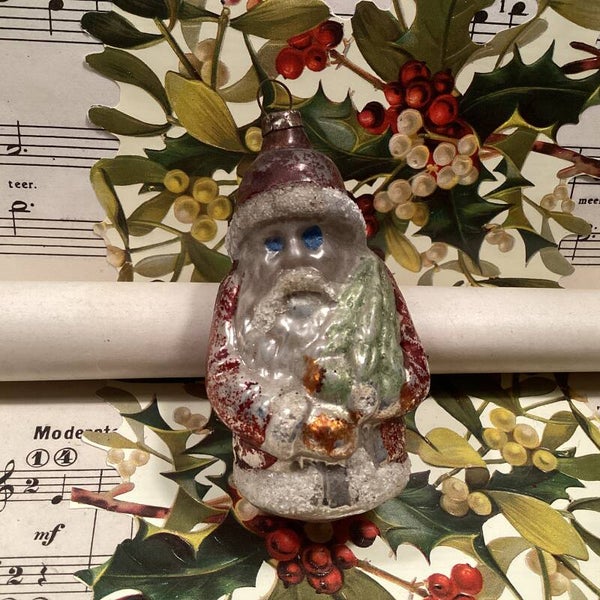 Antieke kerstbal kerstman, 9 cm, oud rood/bruin
