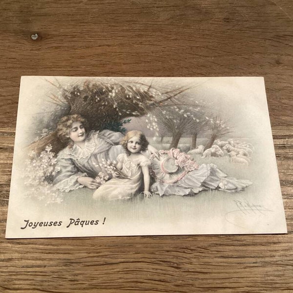 Antieke paaskaart moeder en kind uit 1909