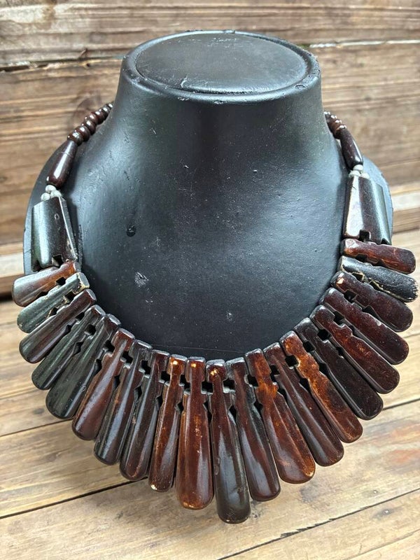 Prachtige vintage ketting hout gelakte elementen, verstelbaar