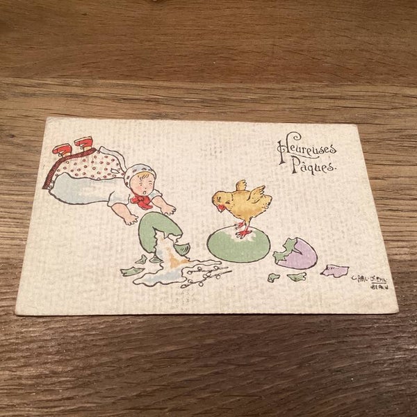 Antieke paaskaart uit 1923 gebroken ei met kuiken