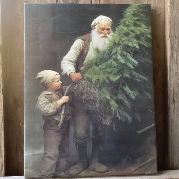 Canvas schilderij, kerstman met kerstboom 30x40 cm