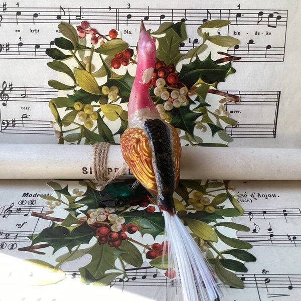 Antiek gewaxte pauw met kuifje, dubbele clip, 10x17 cm