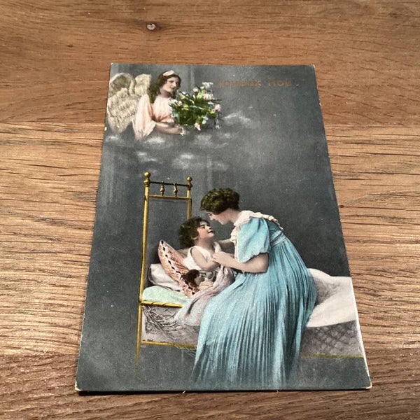 Antieke kerstkaart engelen moeder en kind begin 1900