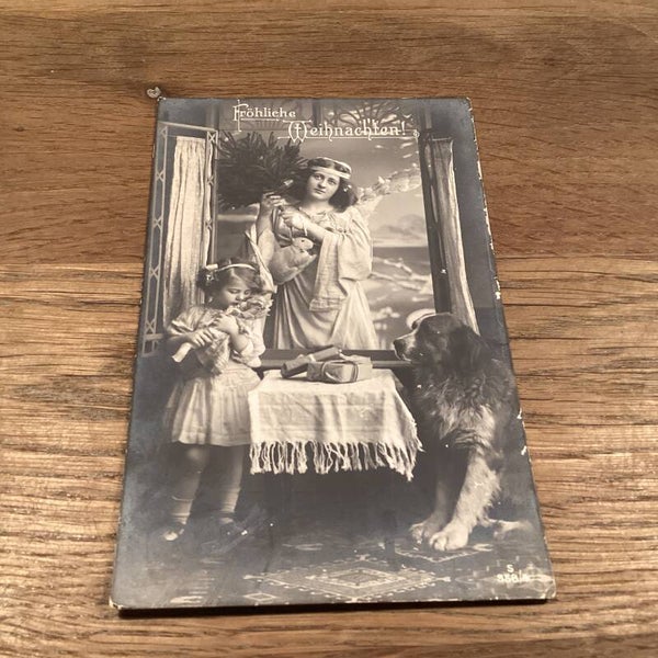 Antieke kerstkaart engelen kind en hond 1914