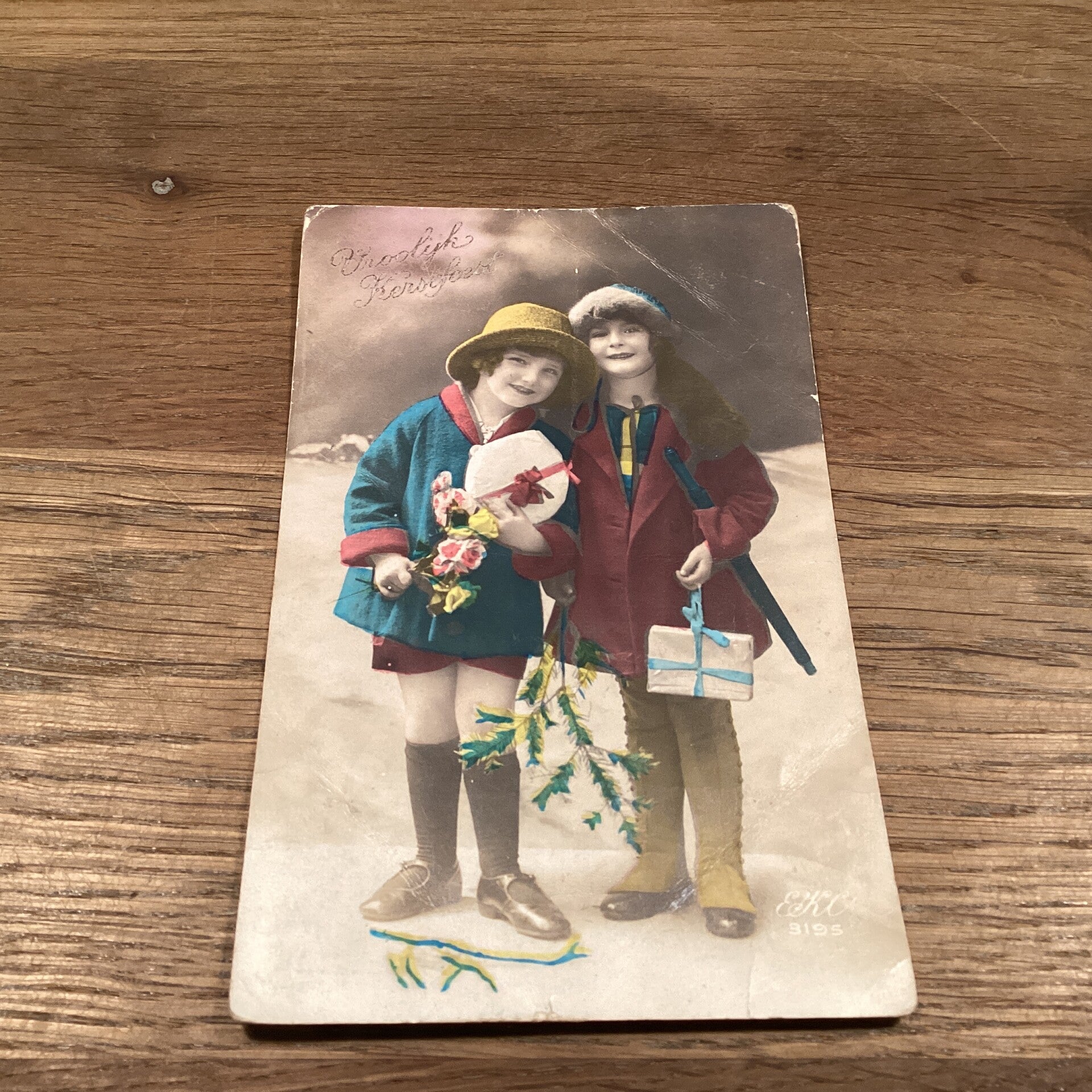 Antieke kerstkaart kinderen 1929