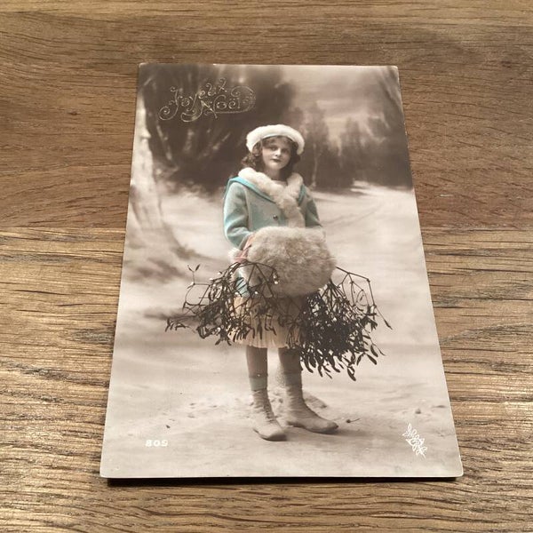 Antieke kerstkaart kind met mistletoe, 1916