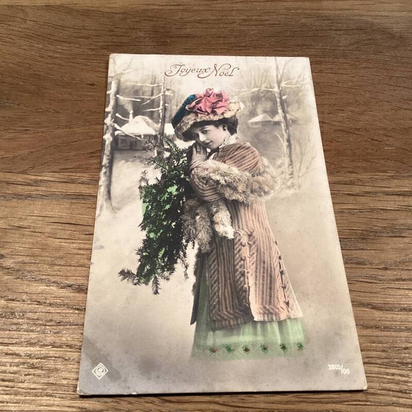 Antieke kerstkaart vrouw, 1913