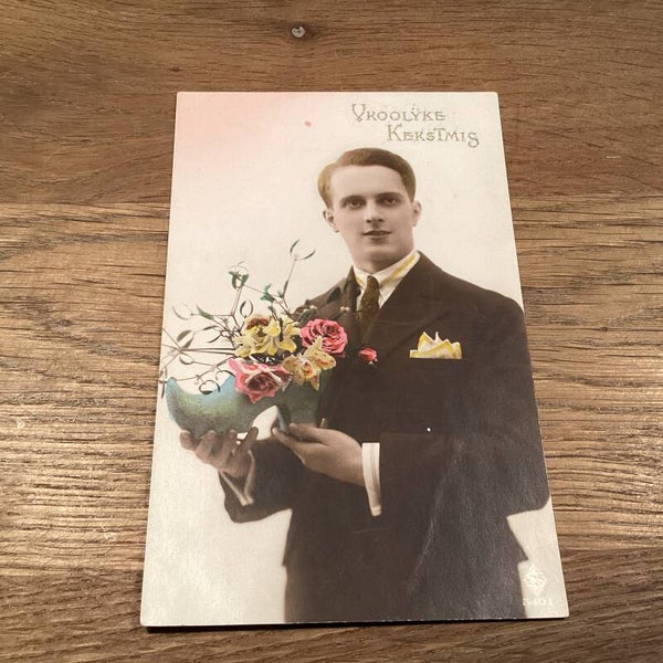 Antieke kerstman man met boeket in muiltje, begin 1900, onbeschreven