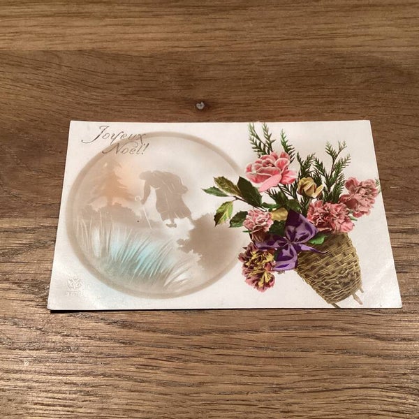 Antieke kerstkaart mand met bloemen, kerstman met pakjes, begin 1900