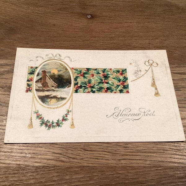 Antieke kerstkaart in Reliëf, hulst, medaillon, 1903