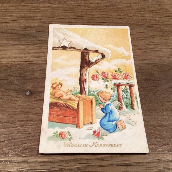 Antieke kerstkaart engelen bij Jezus, 1948
