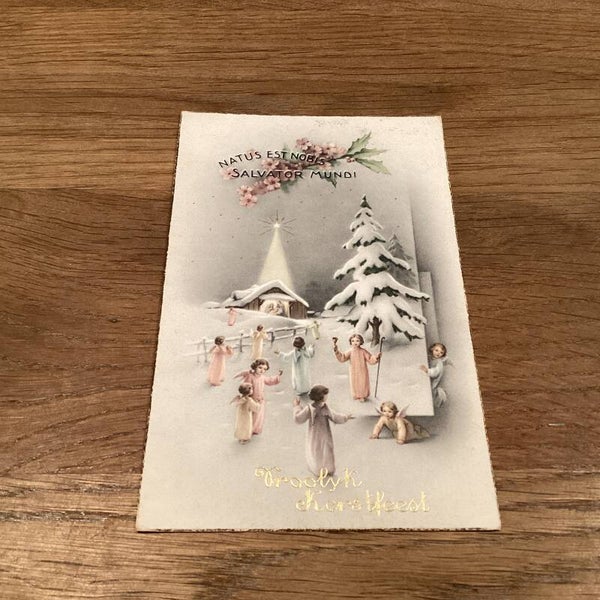 Antieke kerstkaart engelen, uit 1949