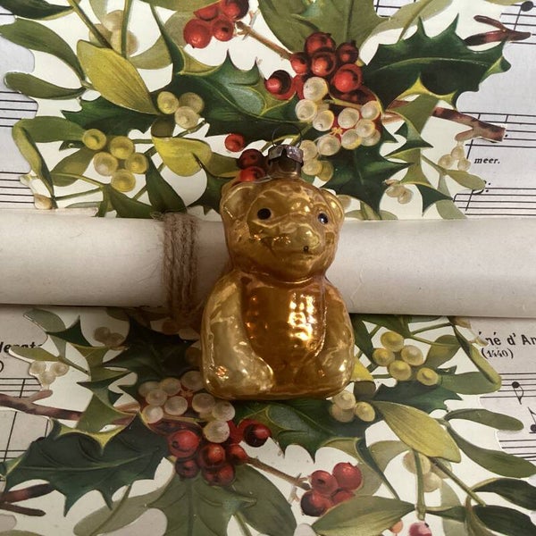 Antieke kerstbal beertje mooi goud oranje, 6 cm, mooierd!