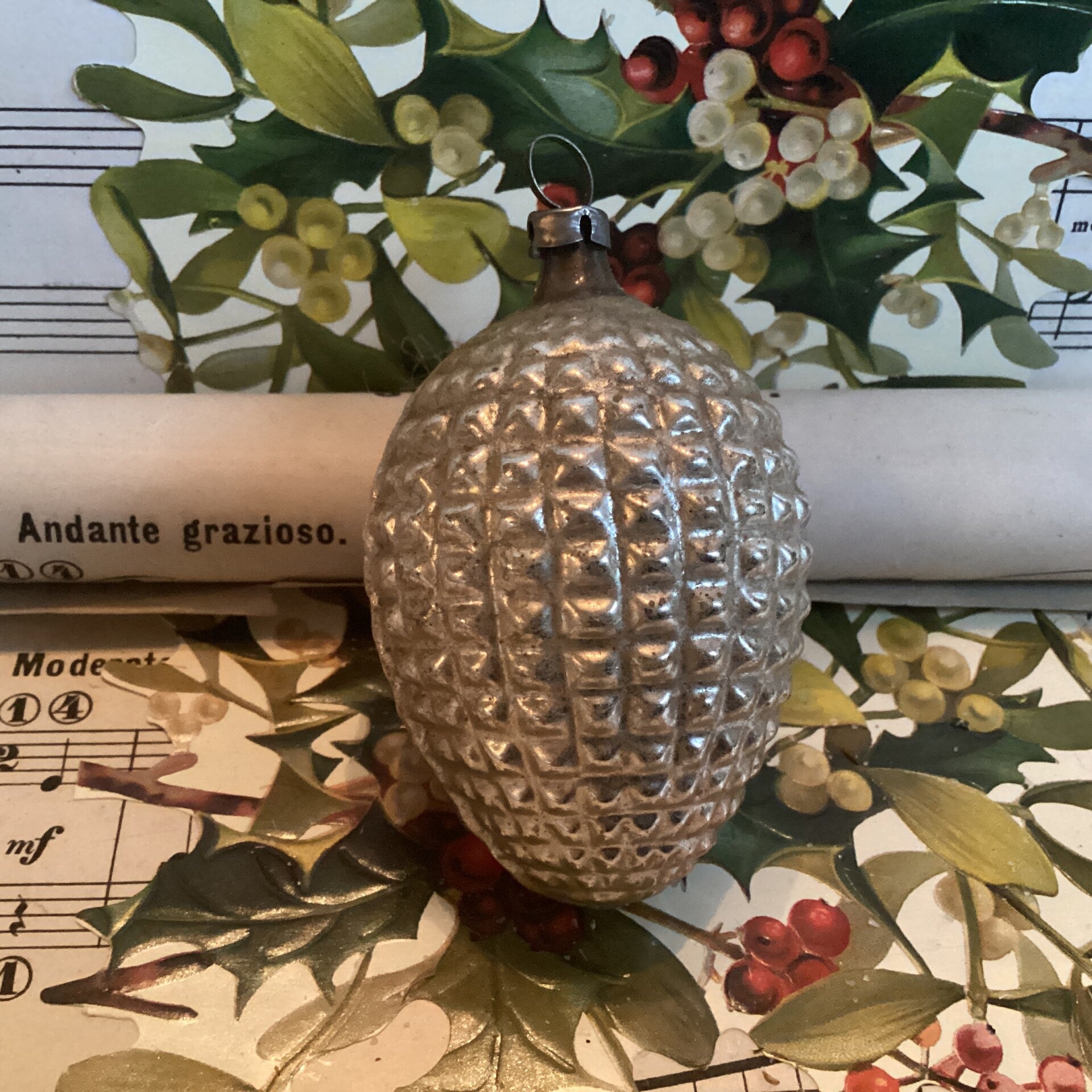 Antieke kerstbal druiventros, zilver, 8 cm