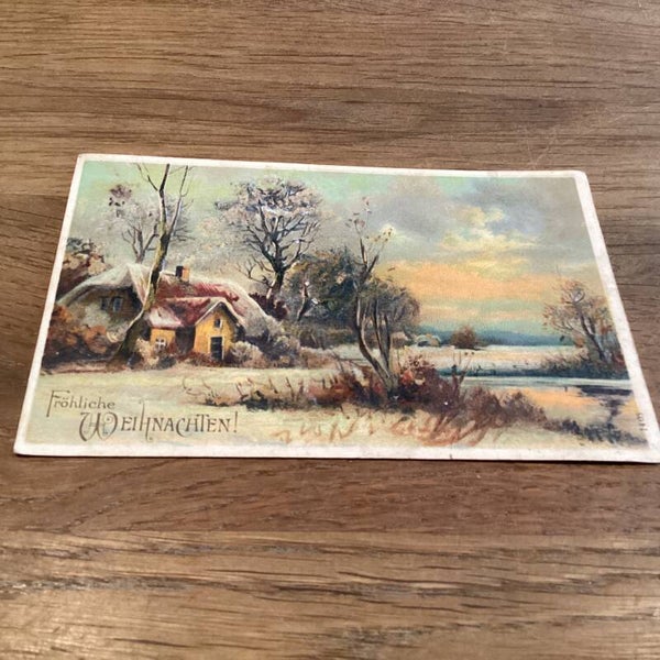 Antieke kerstkaart in reliëf, begin 1900, mooi landschap