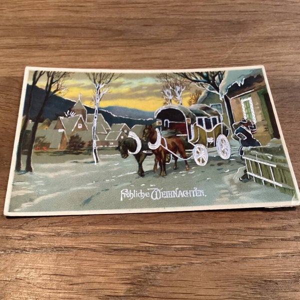 Antieke kerstkaart in reliëf met zilveraccenten, 1925