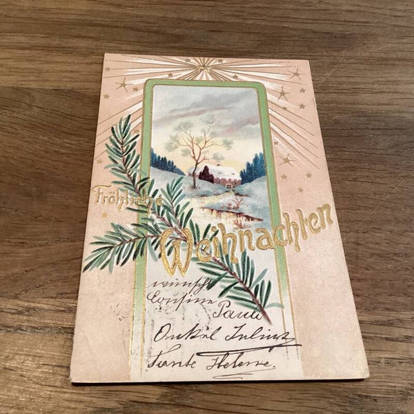 Antieke kerstkaart in reliëf met goudaccenten, begin 1900