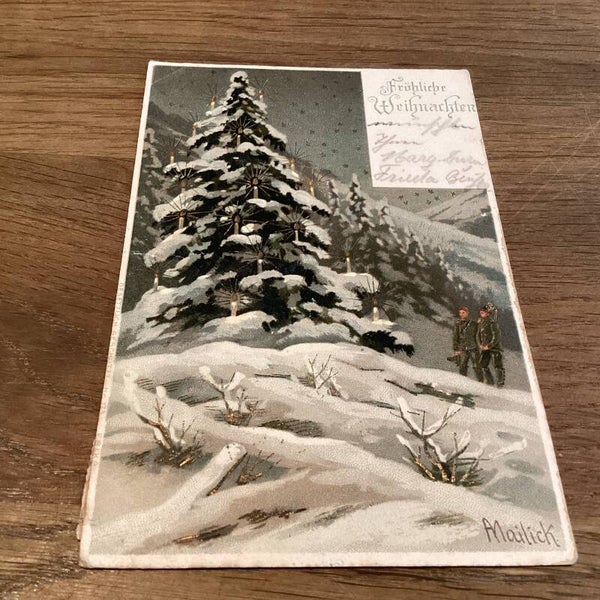 Antieke kerstkaart In reliëf met goudaccenten, 1905