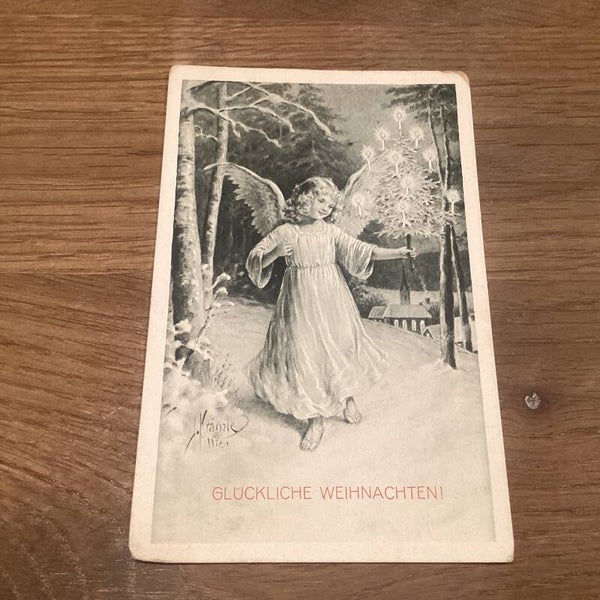 Antieke kerstkaart met engel in bos, onbeschreven