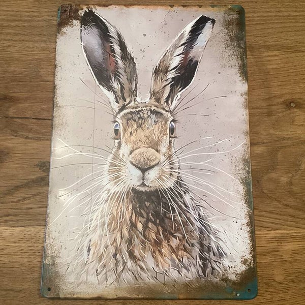 Haas op doek metalen bordje 20x30 cm