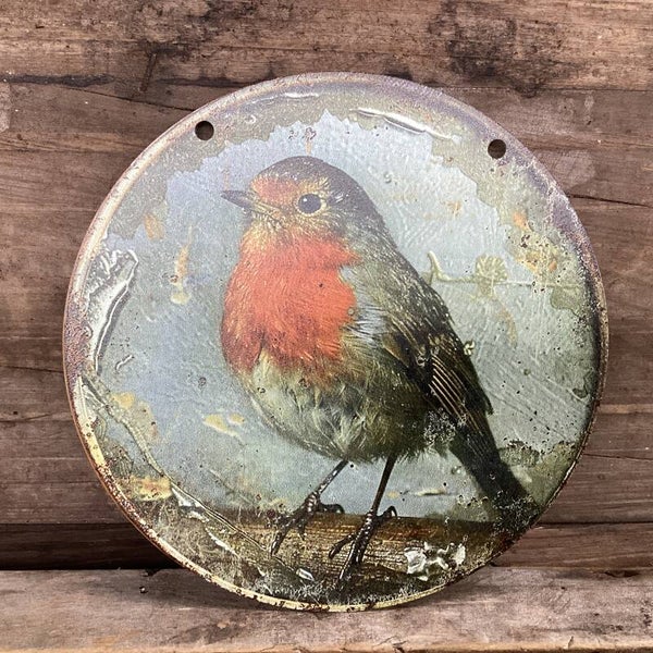 Metalen rond bordje roodborstje, diameter 16 cm