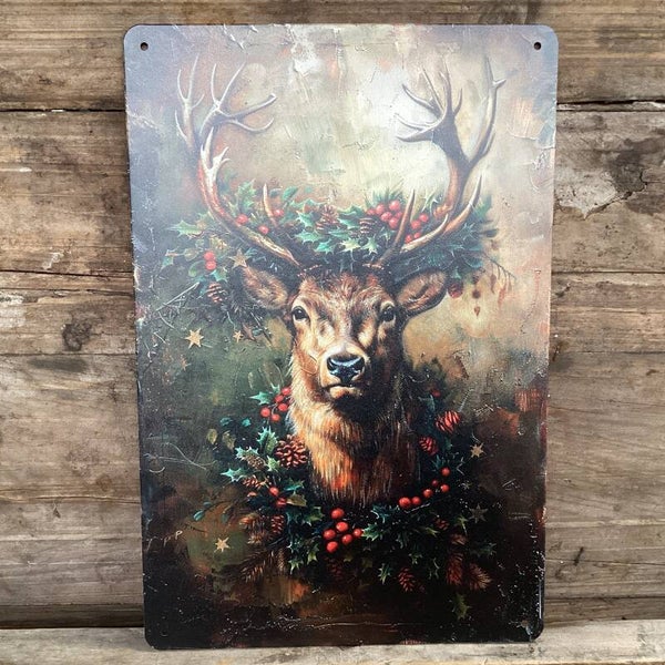 Metalen bordje rendier in kerstsfeer 20x30 cm