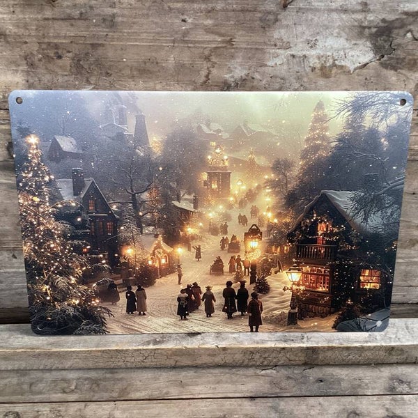 Metalen bordje kerstdorp in de sneeuw 20x30 cm