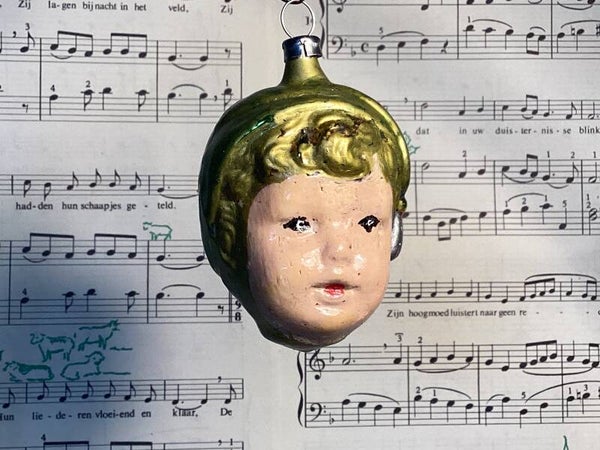 Oude vintage kerstbal meisjesgezicht 8 cm