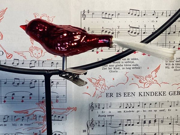 Antieke kerstbal vogel rood, op clip, fiberstaart, 13 cm