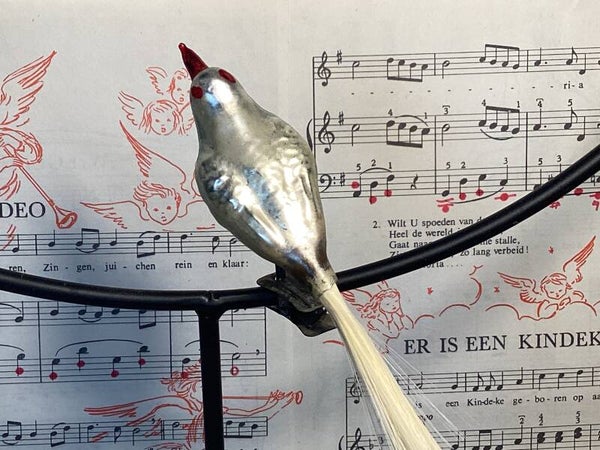 Antieke kerstbal vogel melkwit, clip, fiberstaart, 11 cm