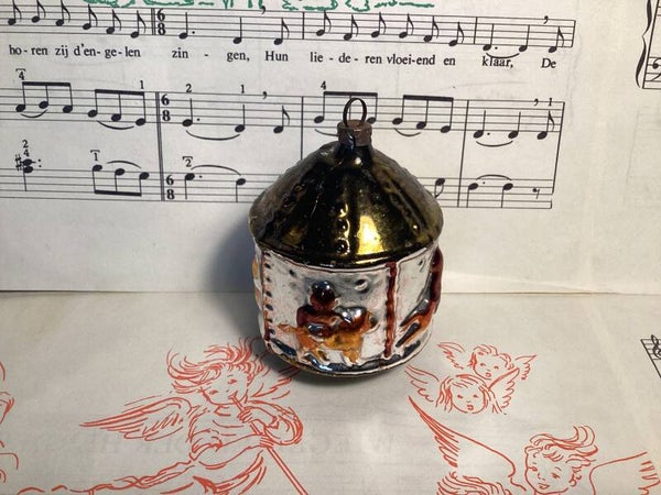 Antieke kerstbal carroussel donkergroen, oranje roodbruin, 6,5 x 5 cm