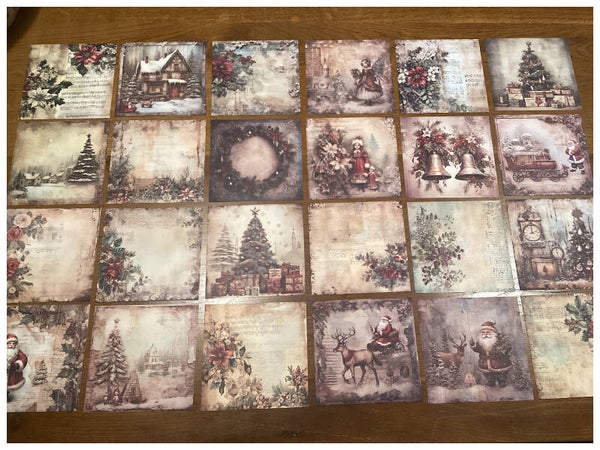 Set van 24 mostalgische kerstafbeeldingen op dik papier 15x15 cm