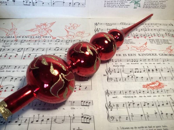 Grote vintage rood glazen kerstpiek, 3 bollen, rood, goud, 40 cm