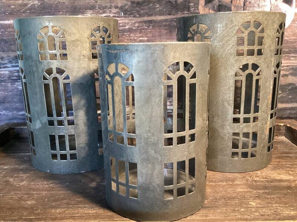 Set van 3 metalen windlichten olijfkleur, gothische uitstraling, 19x13 en 15x10 cm