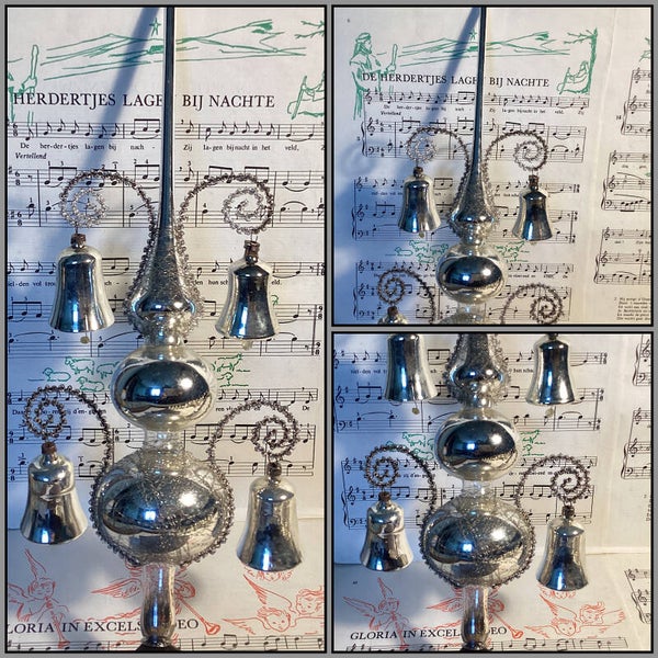 Antieke kerstpiek zilver met leonisch draad, 4 klokjes met klepels, 32 cm