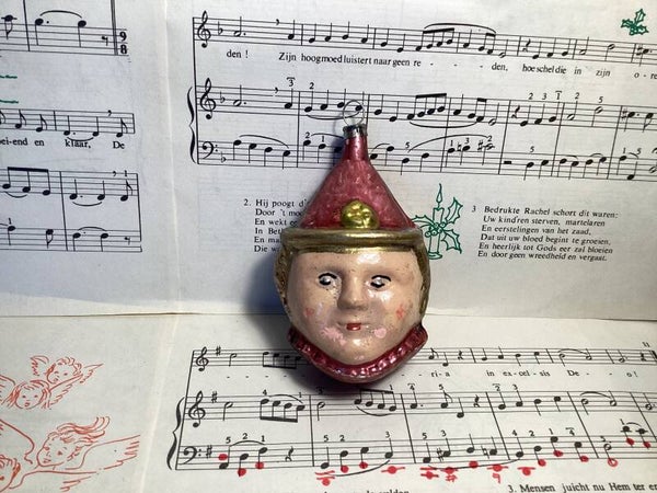 Oude kerstbal pierot gezicht 10x6x5,5 cm