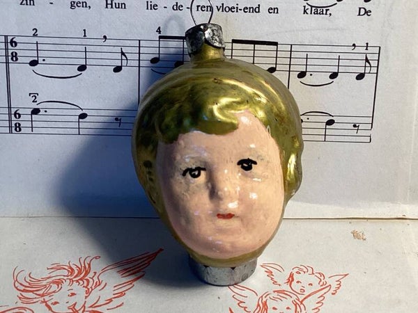 Oude vintage kerstbal meisjesgezicht 7 cm