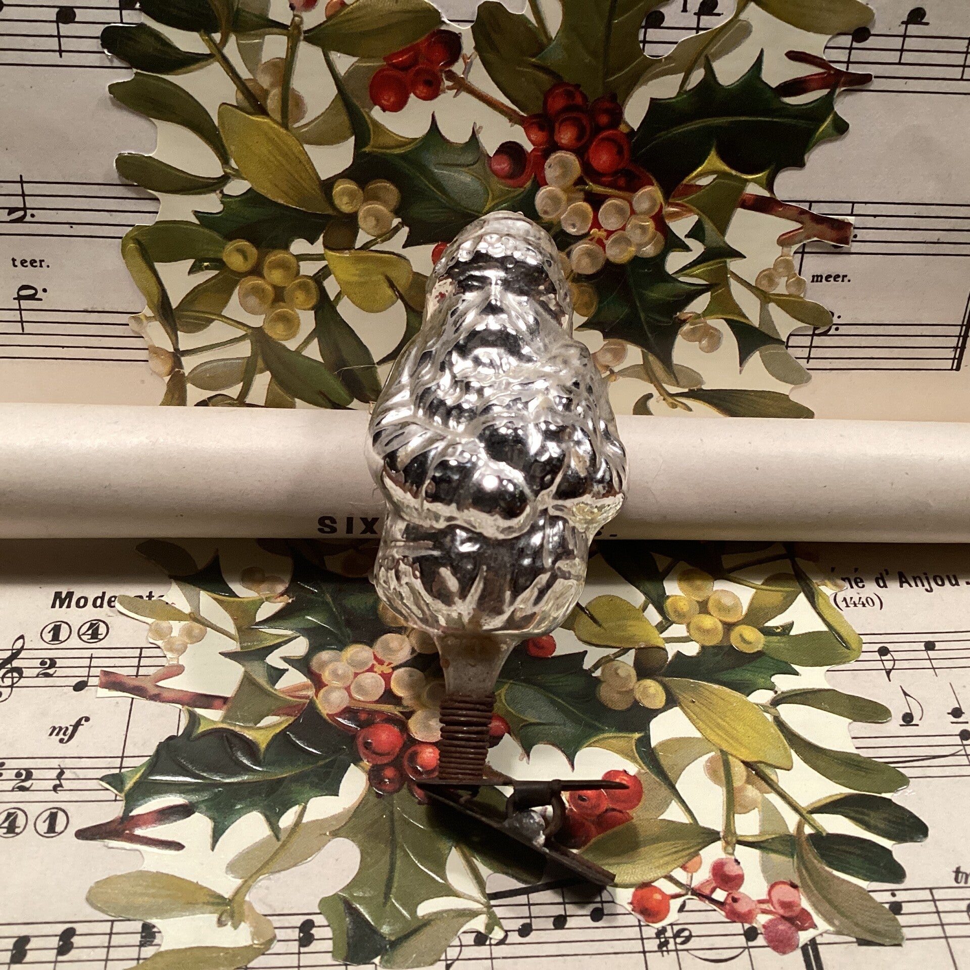 Antieke kerstman ajeko op clip, zilver, 10 cm