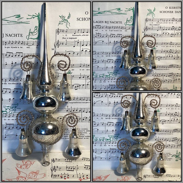 Antieke kerstpiek zilver met leonisch draad, 4 klokjes met klepels, 30 cm