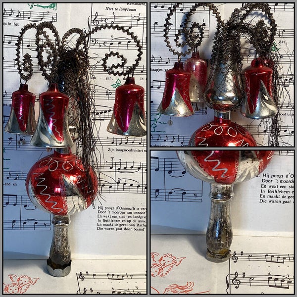 Antieke kerstpiek rood zilver uit GDR 4 klokjes met klepel, tinsel, gesuikerd, 20 cm