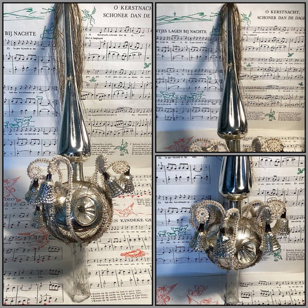 Antieke grote deukpiek met 8 klokjes, chenille, gelobde steel, tinsel, 40 cm