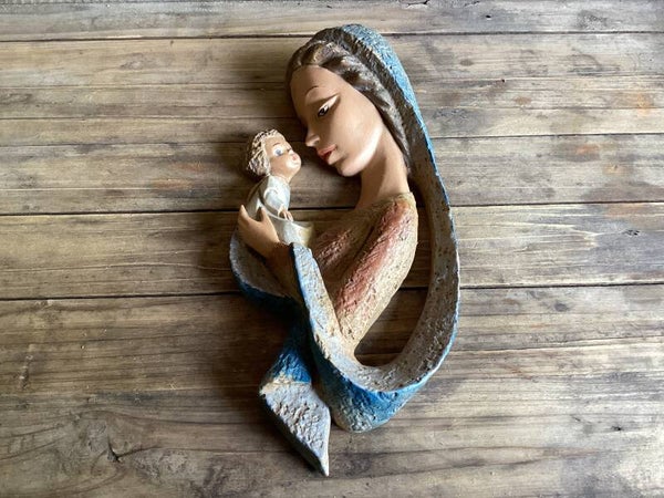 Vintage Maria met Jezus wandbeeld 23x12 cm