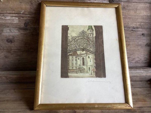 Ets van de Hofburg in Wenen, gesigneerd, goudkleurige lijst achter glas 30x25 cm