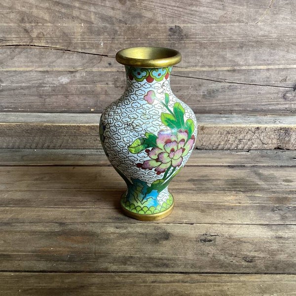 Koperen vaasje met pioenroos, cloisonnée, 11 cm