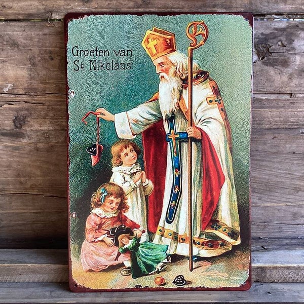 Metalen bordje Sint Nikolaas met kinderen en cadeautjes 20x30 cm