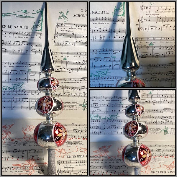 Antieke kerst piek rood zilver 34 cm hoog, gelobde steel, handbeschilderd