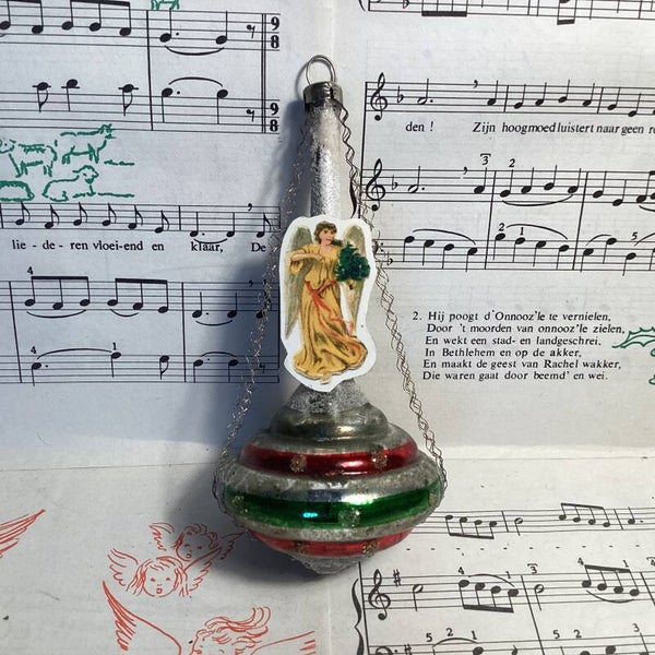 Oude kerstbal tolvorm met leonisch draad en poesie engel, gesuikerd, 13x6x6 cm