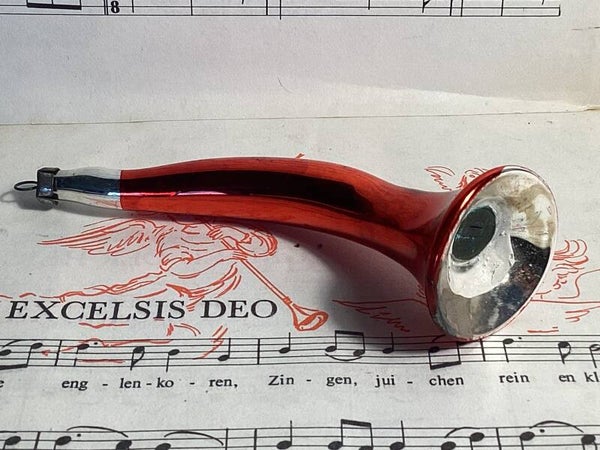 Antieke rode kerstbal hoorn of toeter met rietje, 12 cm