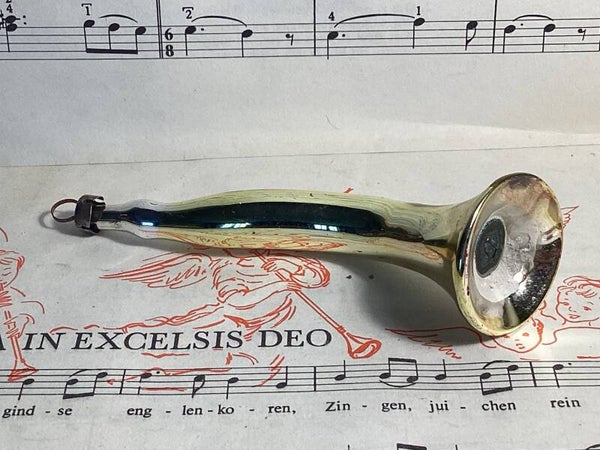 Antieke gouden kerstbal hoorn of toeter met rietje, 12 cm