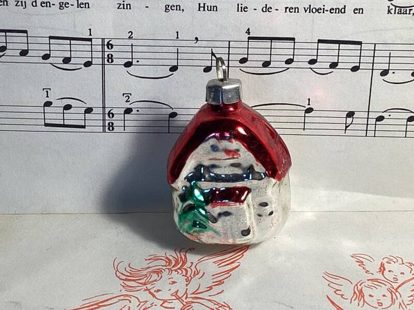 Antieke kerstbal huisje rood dakje, groene kerstboom 4x3x5 cm